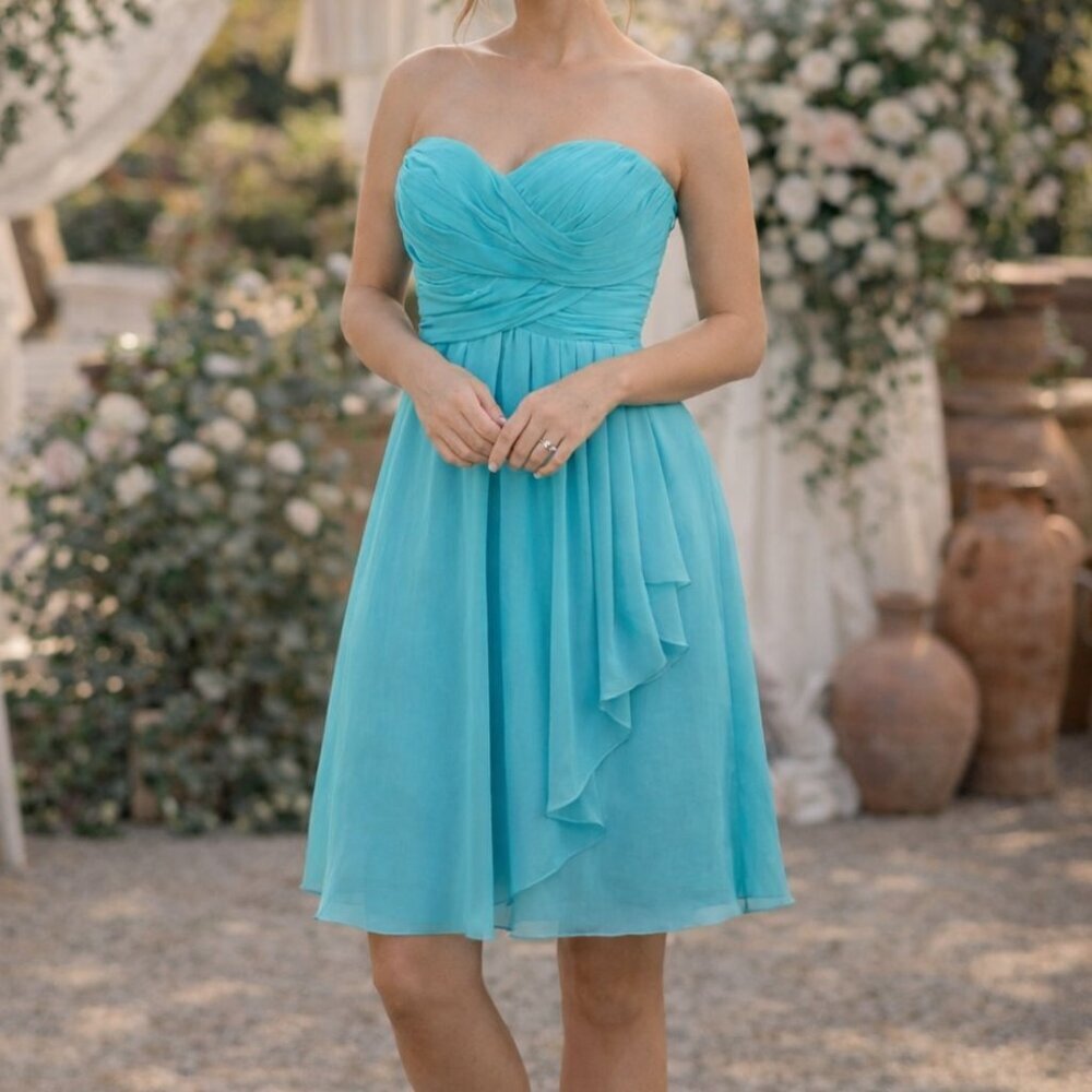 David’s Bridal Strapless Chiffon Bridesmaid Dress Aqua Blue Size 8 Elegant Weddi